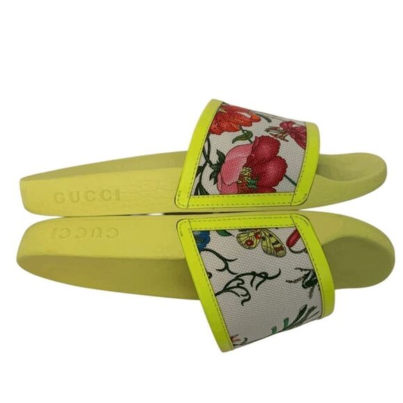 Gucci Canvas Flora Print Slide Sandal EU 36.5 US 6.5 Fluorescent Neon Yellow - Picture 5 of 10